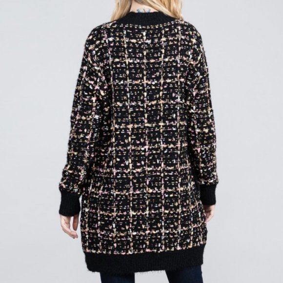 Black Confetti Tweed Knit Open Front Long Cardigan - Picture 11 of 12